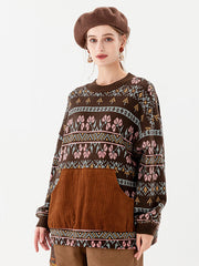 PLUS Size - Stitching Knitted Geometric Pocket Vintage Sweater