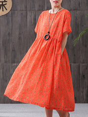 Lockeres A-Linien-Kleid aus Baumwollleinen mit Blumendruck