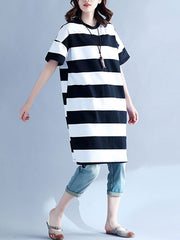 Plus Size Women Casual Striped O-Neck Short Sleeve Loose Dress