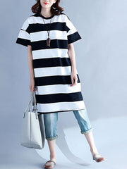 Plus Size Women Casual Striped O-Neck Short Sleeve Loose Dress