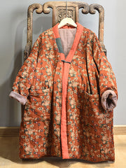 Plus Size - Retro Loose Warm Floral Pocket Coat