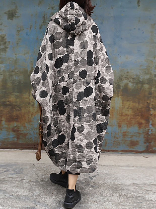 Plus Size Retro Ink Dot Loose Hooded Overcoat