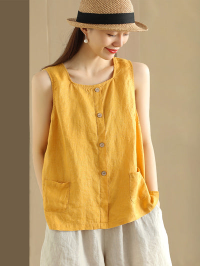 Plus Size Women Summer Solid Loose Button Pocket 100%Linen Vest
