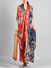 Plus Size - Spliced Floral Print Vintage Tencel Women Dress