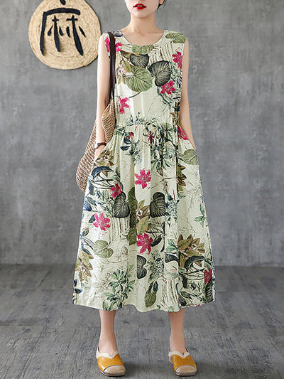 Plus Size - Summer Casual Floral Printed Cotton Sleeveless Pinafore Dress