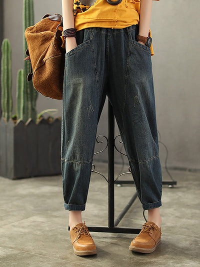 Plus Size Vintage Loose Elastic Waist Spliced Distressed Denim Jeans