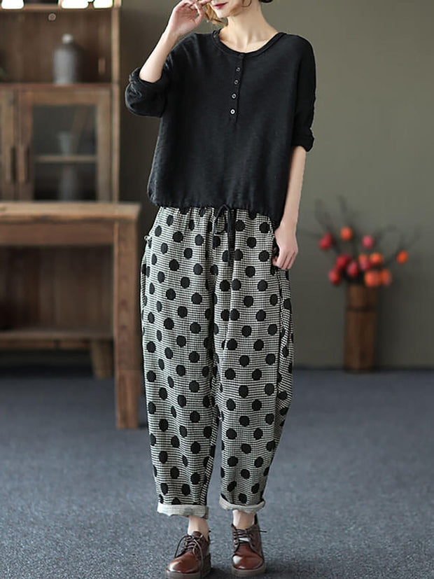 Plus size - Women Retro Pocket Cotton Casual Dots Harem Pants