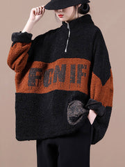 Plus Size Women Winter Color Stitching Zipper Sweatshirt