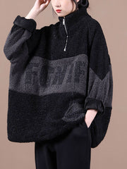 Plus Size Women Winter Color Stitching Zipper Sweatshirt