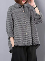 Plus Size Women Plaid Hand-Made Linen Cotton Loose Shirt