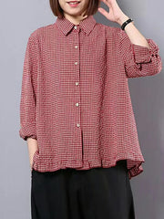 Plus Size Women Plaid Hand-Made Linen Cotton Loose Shirt