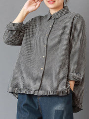 Plus Size Women Plaid Hand-Made Linen Cotton Loose Shirt