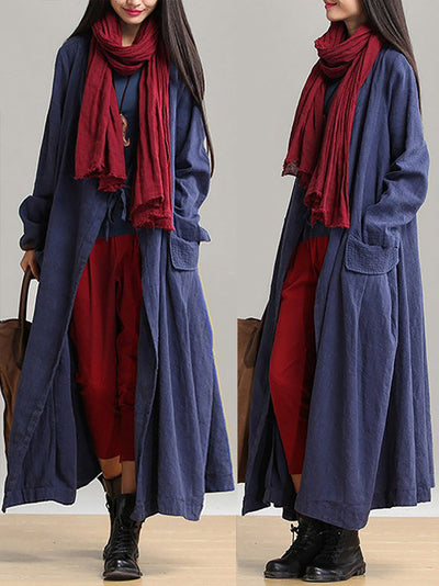 Plus-Size Women Cotton Linen Loose Fitting Winter Long Coat