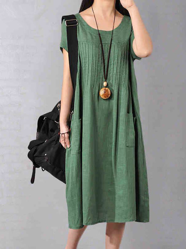 Plus Size  Women Cotton Linen Loose Fitting Dress in Green