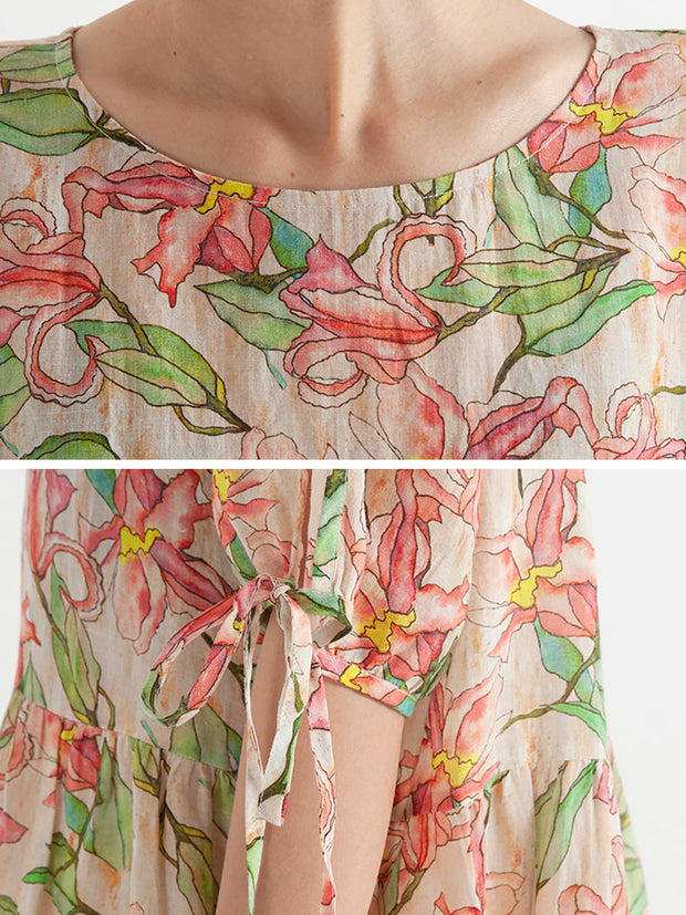 Sommerkleid mit kurzen Ärmeln und lockerem Blumenmuster aus Ramie in Übergröße